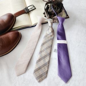 Boys Dress Tie Bundle (3): Solid Lilac Calvin Klein + Neutral Plaid + Striped
